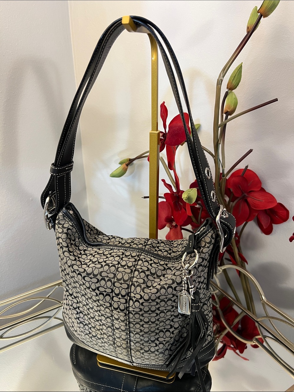 Coach Signature Jacquard Shoulder Bag in Black and Cream